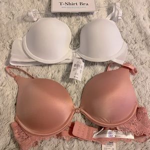 Two bras.  White bra is 34B.  Rose colored bra is 32B.  NWT